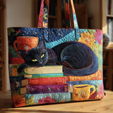 Bolsa de mano acolchada – Gato negro con libros y tazas